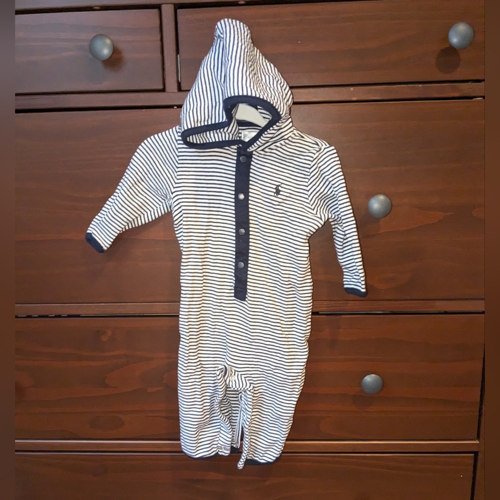 Ralph Lauren sz 6 mo navy and white striped ribbed hoodies onesie